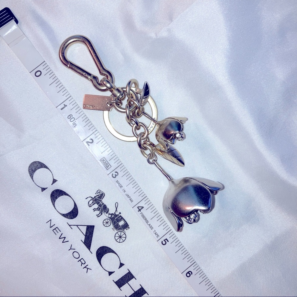 New Coach large tea rose charm silver and champagne gold metal, jeweled crystals